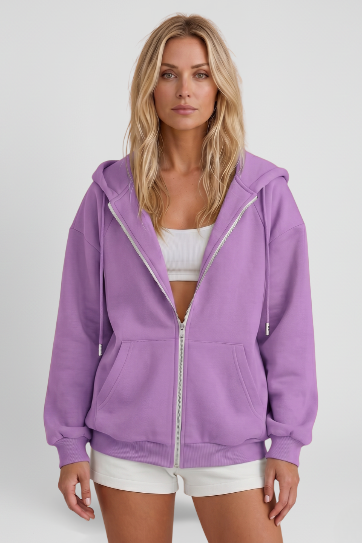 Purple hooded jacket with asymmetrical front zip and drawstring waist