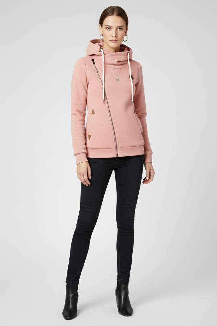 Pink hooded zip-up jacket with drawstring cords and asymmetrical front zipper, long sleeves