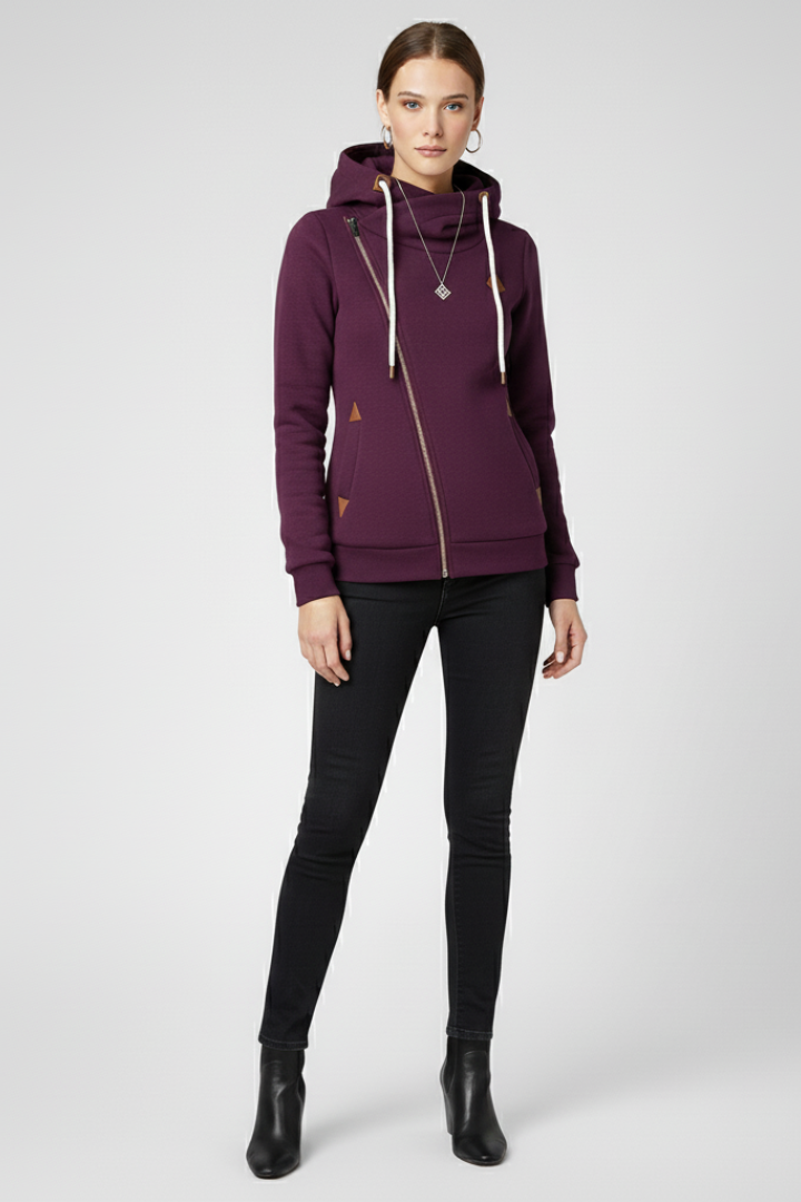 Purple hooded zip jacket with drawstring cords and asymmetrical front zipper, long sleeves
