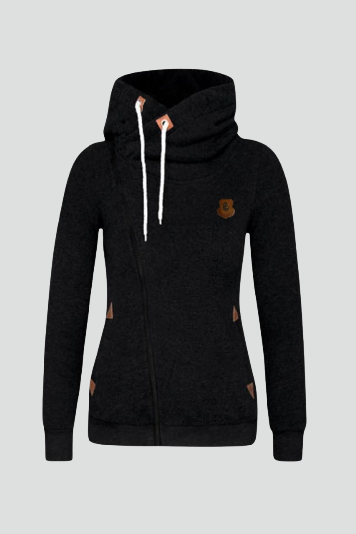 Black women’s hooded zip jacket with drawstring cords and asymmetrical front zipper, long sleeves