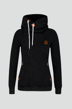 Black women’s hooded zip jacket with drawstring cords and asymmetrical front zipper, long sleeves