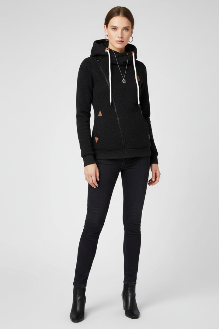 Black hooded zip jacket with asymmetrical zipper, drawstring cords, and front kangaroo pockets