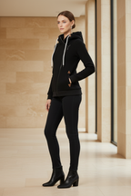 Black hooded zip-up jacket with drawstring ties and asymmetrical front zipper, full length sleeves