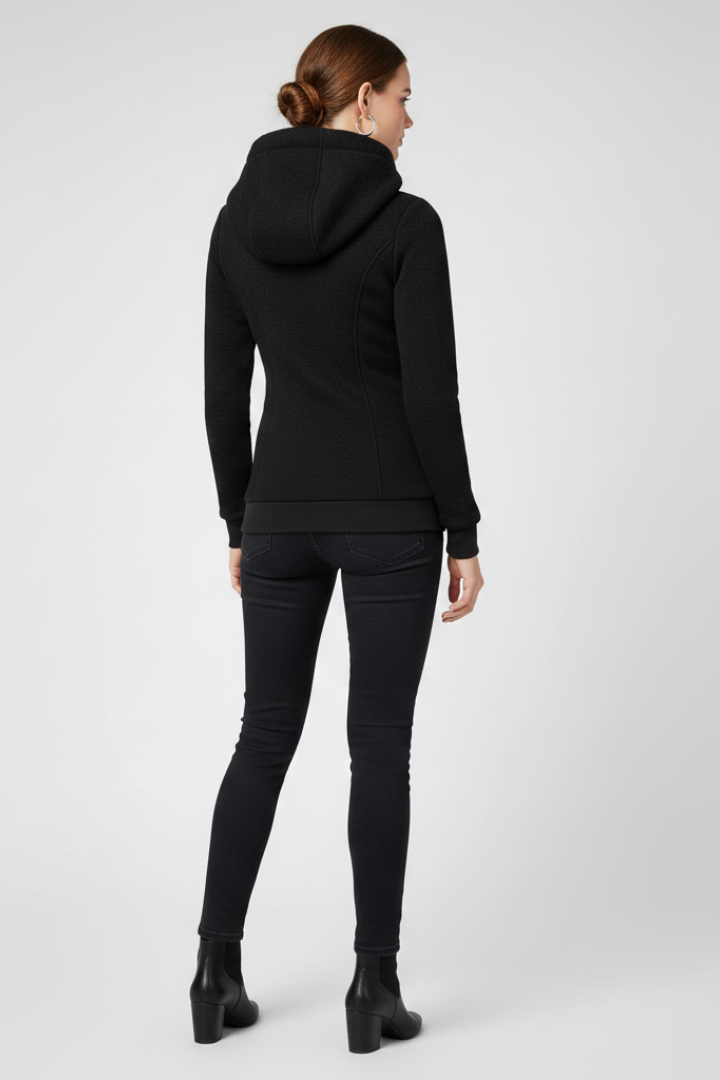 Black hooded jacket with drawstring cords and asymmetrical front zipper, back view