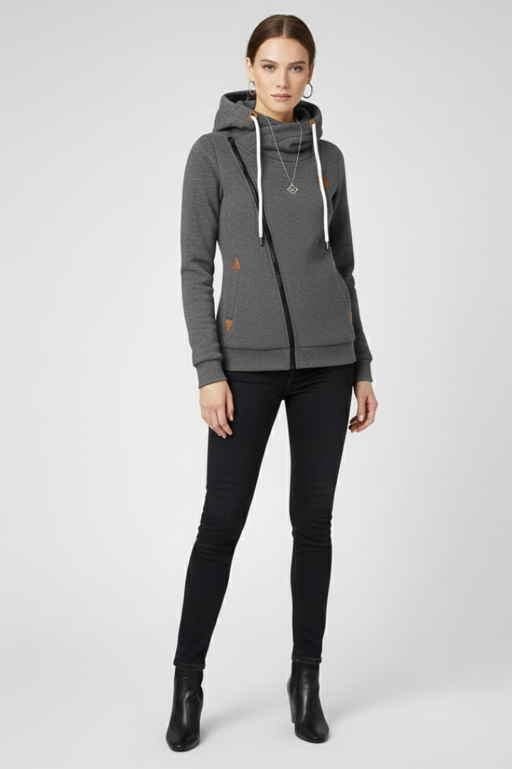 Grey hooded zip jacket with drawstring cords and asymmetrical front zipper, long sleeves