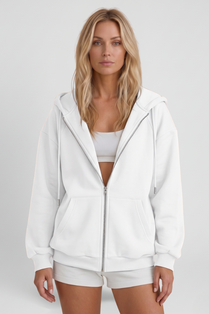 White hooded zip jacket with drawstring cords and asymmetrical front zipper, front view