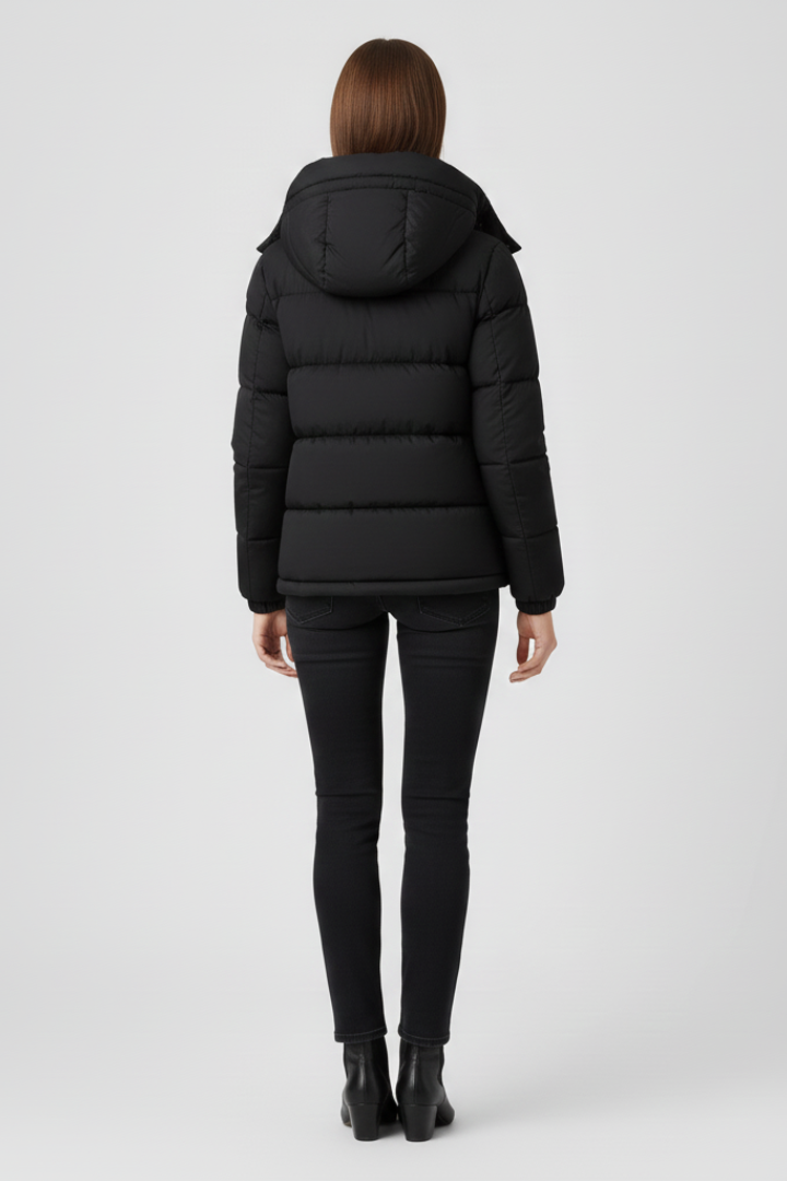 Back view of black hooded insulated puffer jacket