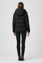 Back view of black hooded insulated puffer jacket
