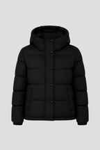 Black insulated puffer jacket with attached hood and snap-front closure