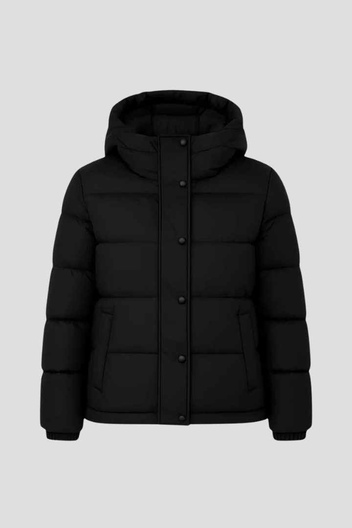 Black insulated puffer jacket with attached hood and snap-front closure