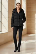 Black hooded insulated puffer jacket with snap-front and stand collar