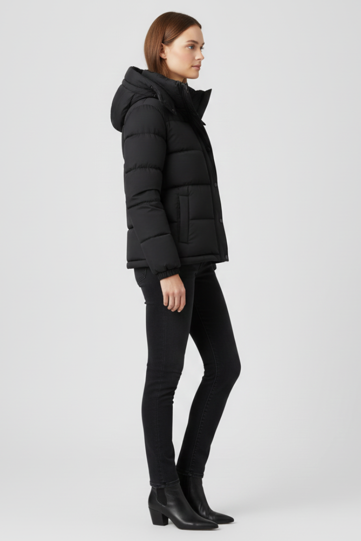 Black hooded insulated puffer jacket worn with dark jeans and boots