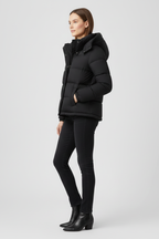 Black insulated puffer jacket with hood and front snap closures, side view