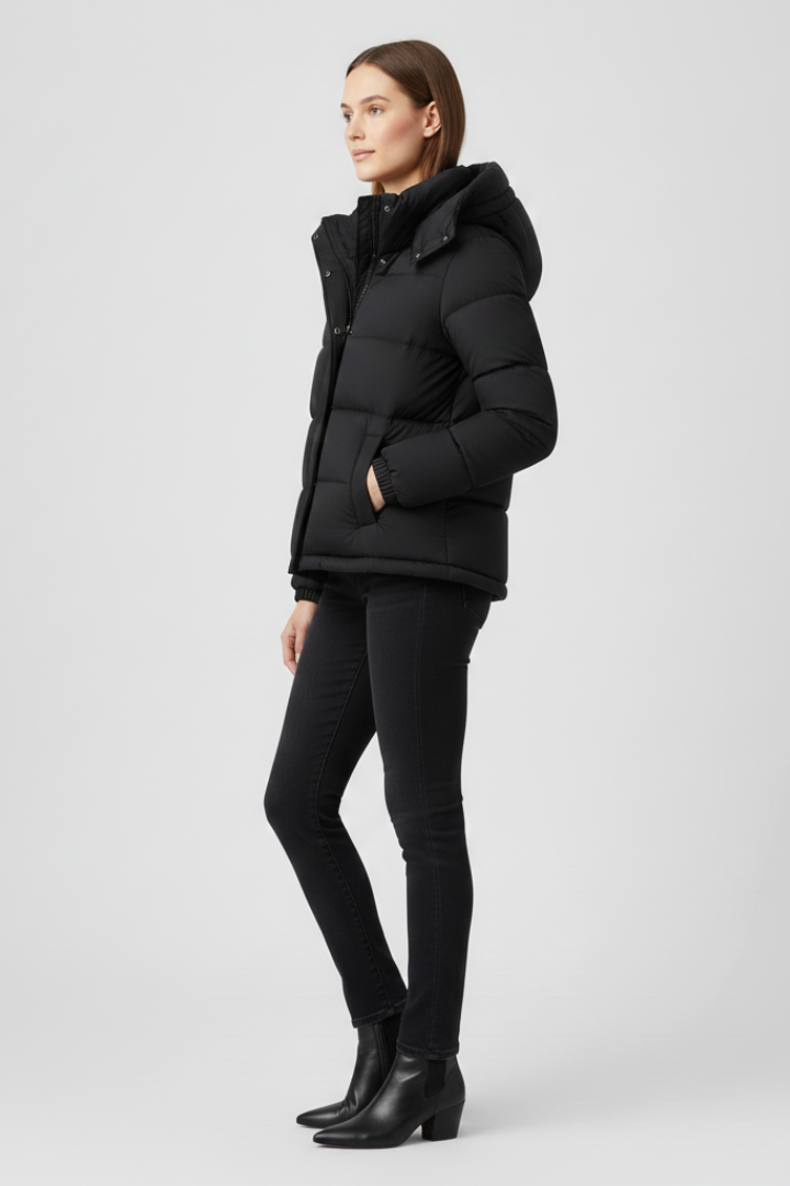 Black insulated puffer jacket with hood and front snap closures, side view