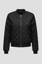 Women's black quilted zip-up jacket with diamond stitching, stand collar, ribbed cuffs