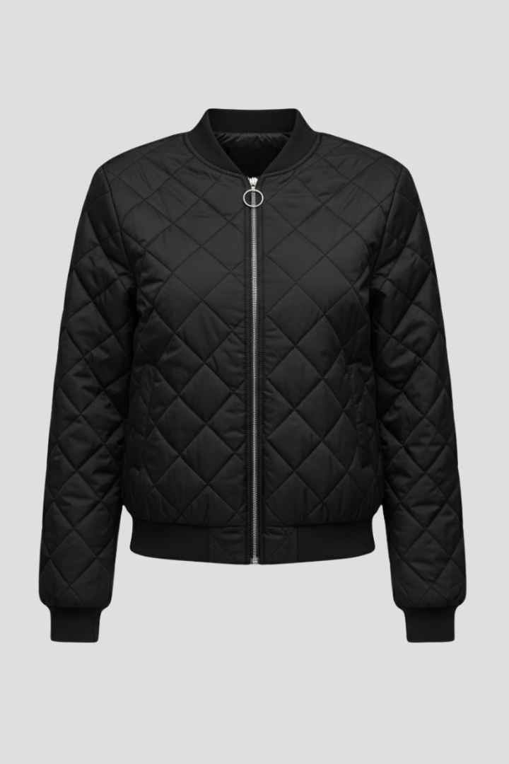 Women's black quilted zip-up jacket with diamond stitching, stand collar, ribbed cuffs
