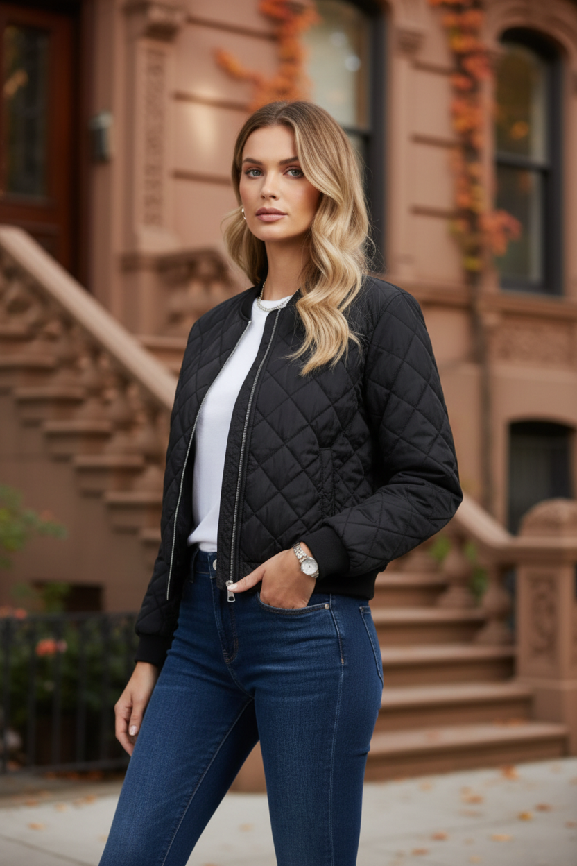 Women's black quilted zip-up jacket over white top, diamond pattern, ribbed cuffs