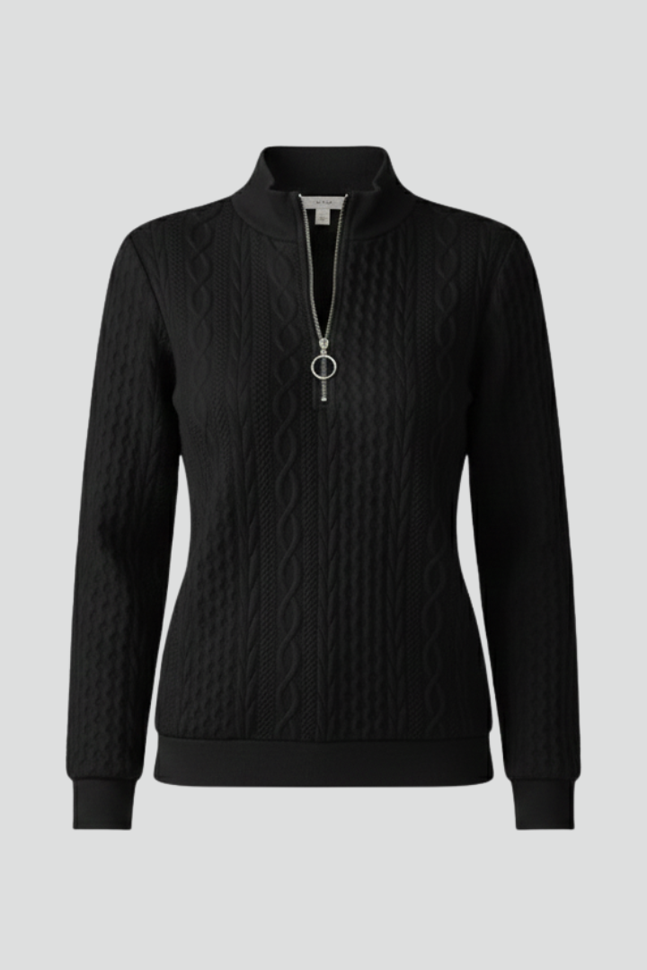 Black cable-knit zip-neck jumper with long sleeves and half-zip pull tab.