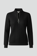 Black cable-knit zip-neck jumper with long sleeves and half-zip pull tab.