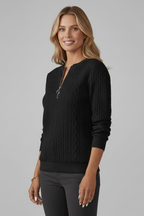 Black textured knit zip-neck jumper with long sleeves and zipper pull.