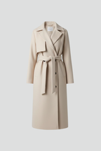 Women’s long double-breasted coat in cream with self belt and notched lapels