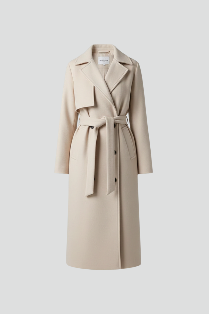 Women’s long double-breasted coat in cream with self belt and notched lapels