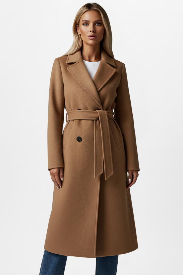 Women’s long double-breasted coat in camel brown with waist belt and notch lapels