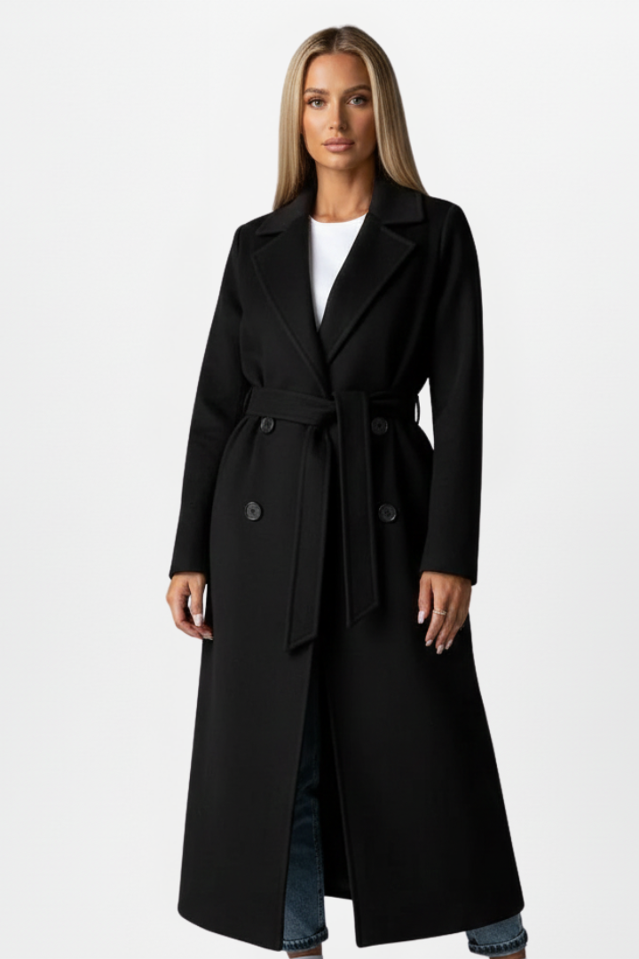 Women’s long double-breasted coat in black with waist belt and notched lapels