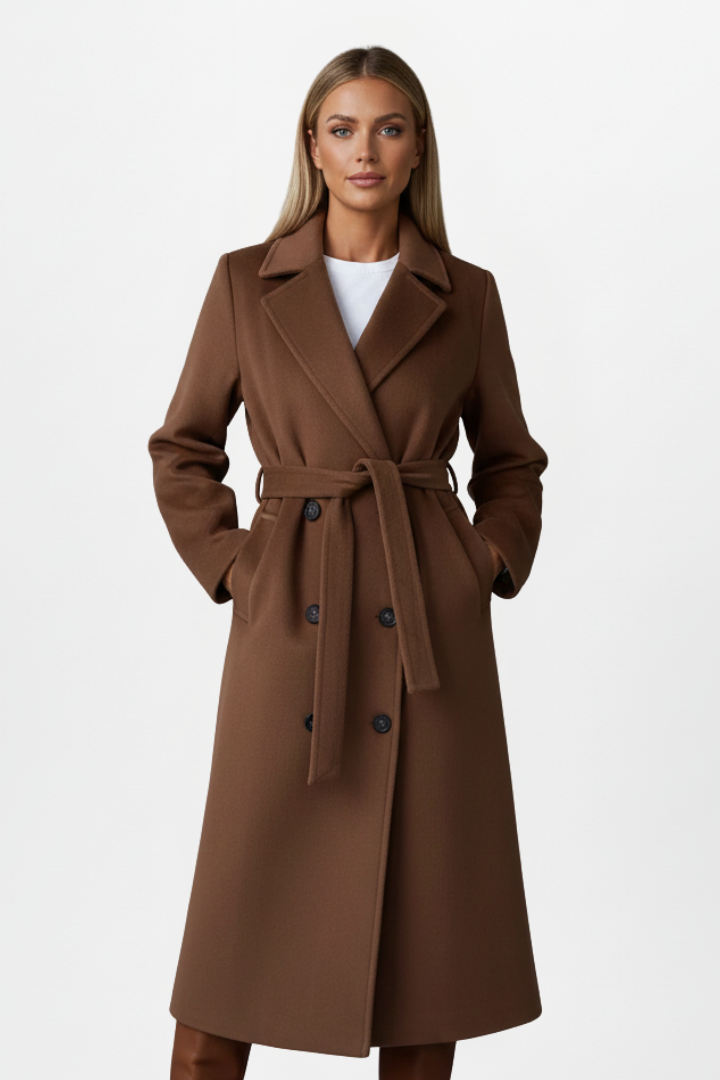 Women’s long double-breasted coat in brown with waist belt and notch collar