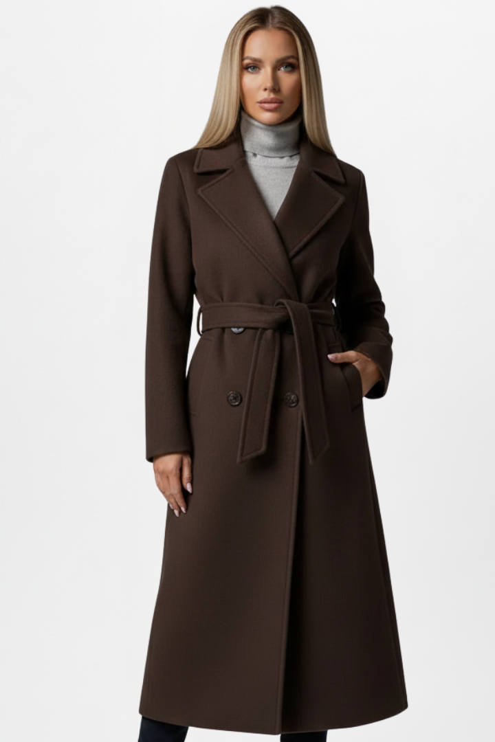 Women’s long double-breasted coat in dark brown with waist belt and notched lapels