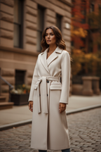 Women’s long cream double-breasted coat with belt tie and buttoned front placket