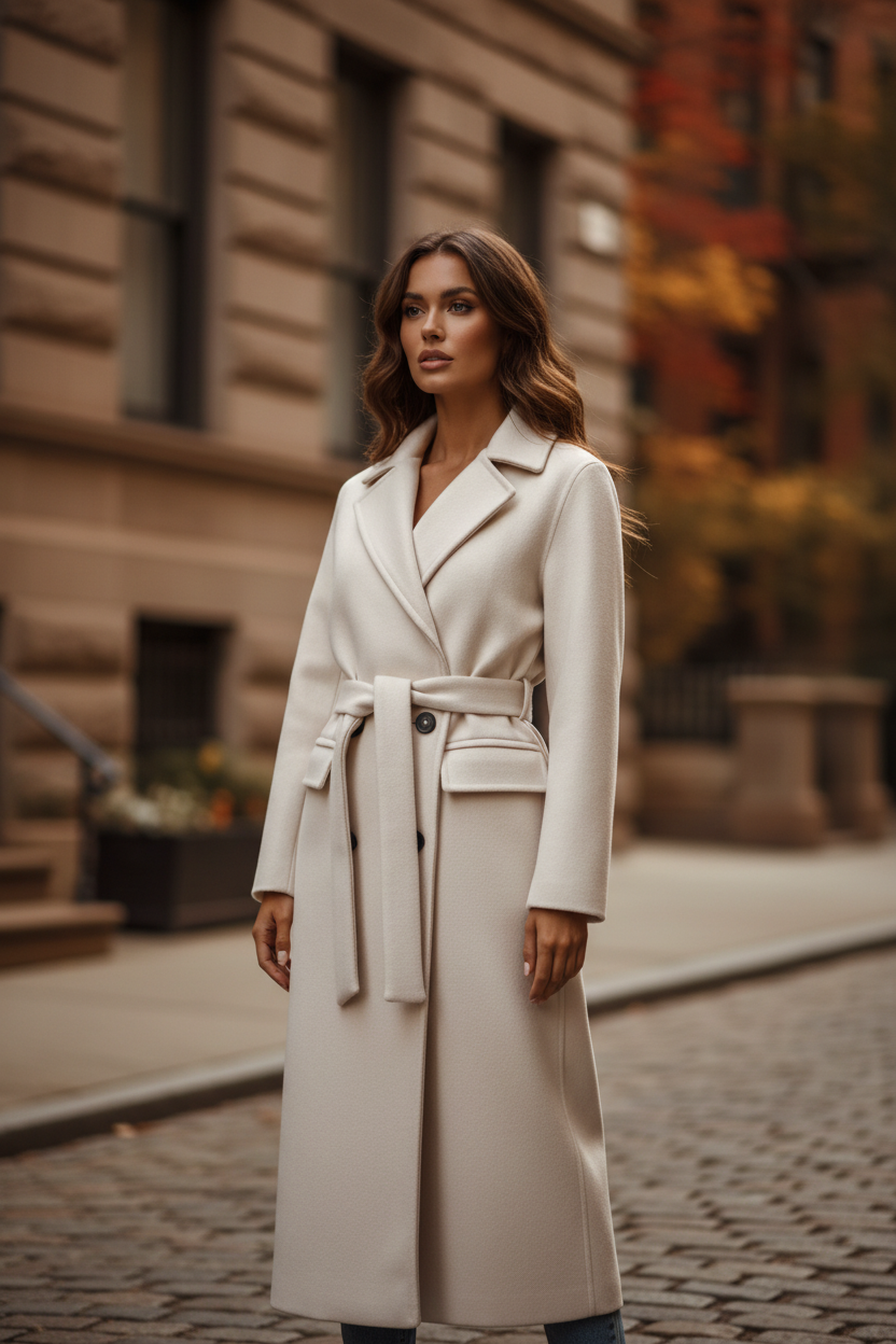 Women’s long cream double-breasted coat with belt tie and buttoned front placket