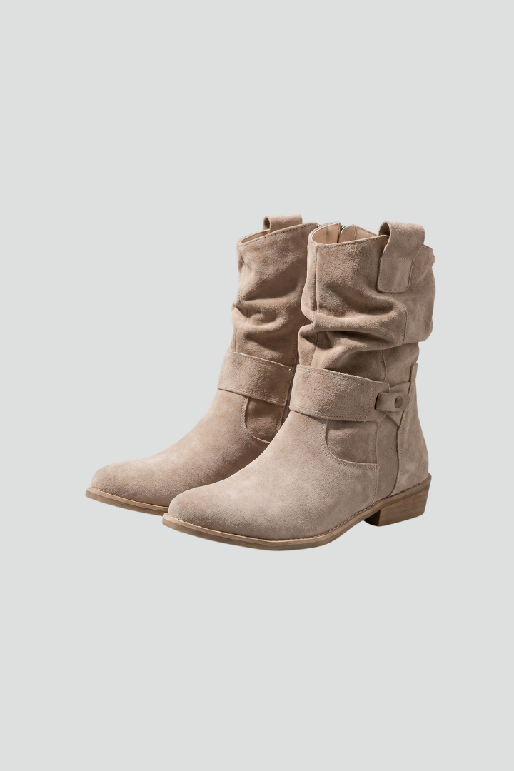 Women's beige mid-calf boots with side zipper and stacked low heel