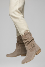 Women's dark taupe mid-calf boots with side zipper and strap detail
