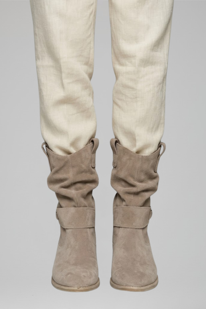 Women's beige mid-calf suede boots with side zipper and foldover strap