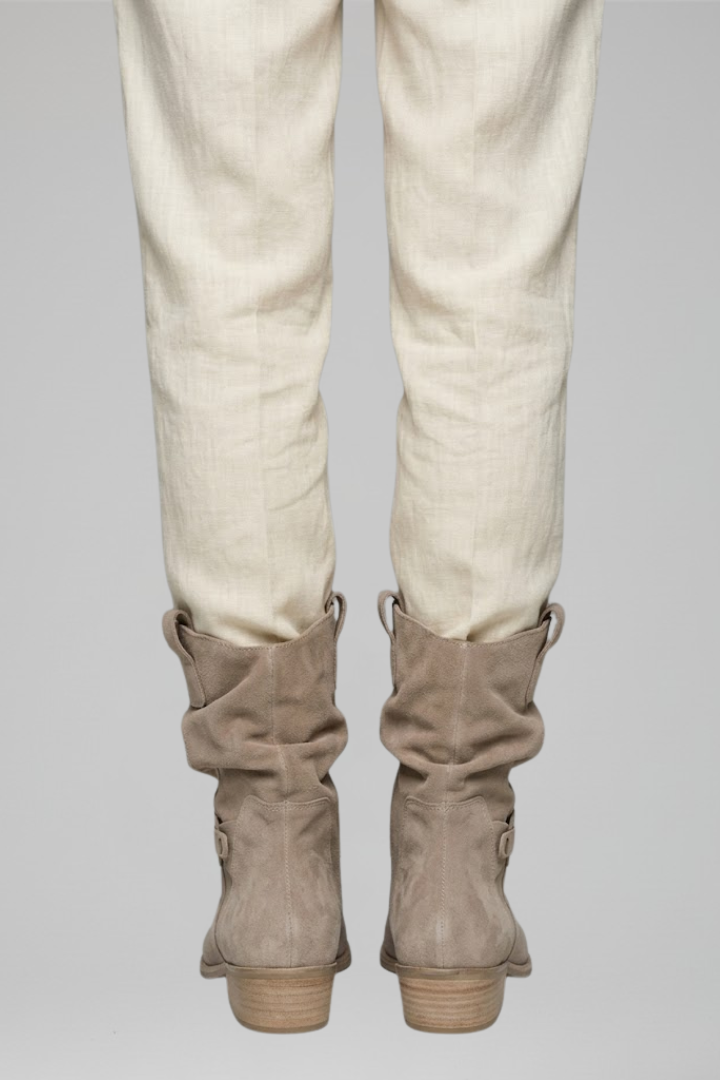 Women's beige mid-calf boots with side zipper, ruched shaft, low block heel