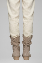 Women's beige mid-calf boots with side zipper, ruched shaft, low block heel