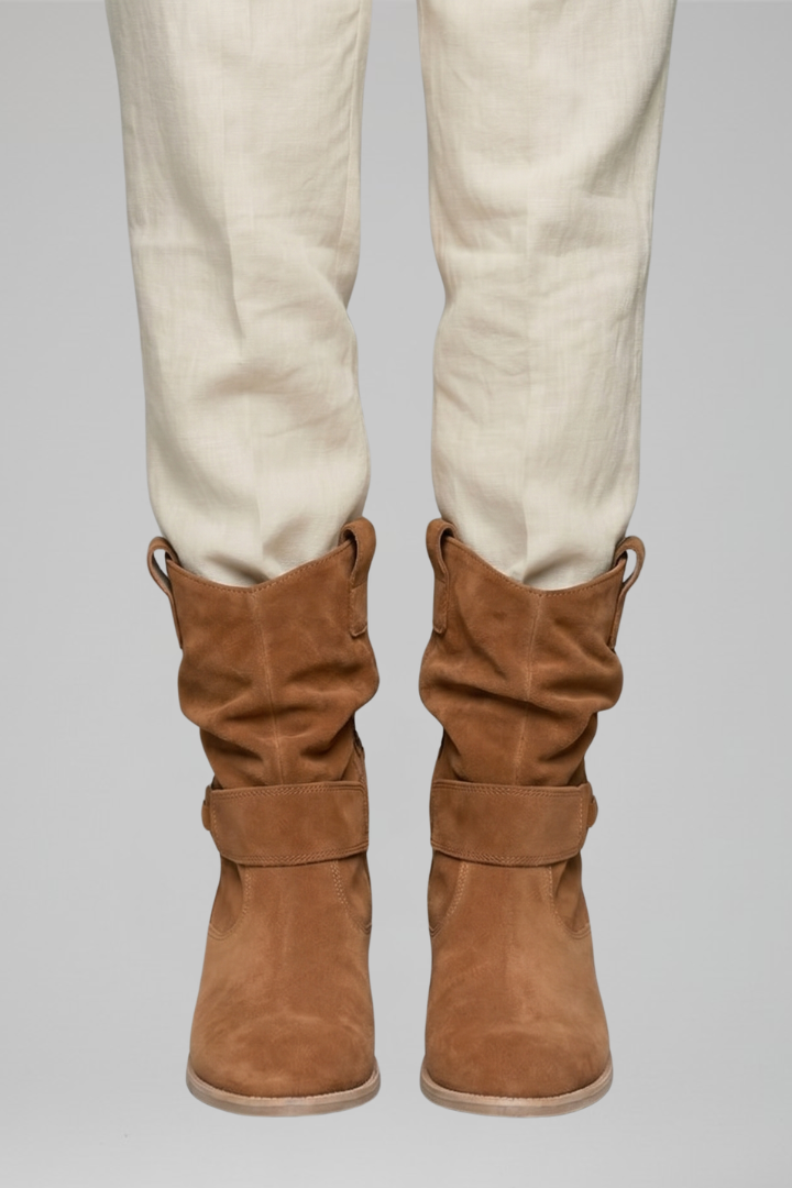 Women's brown mid-calf suede boots with side zipper and adjustable strap