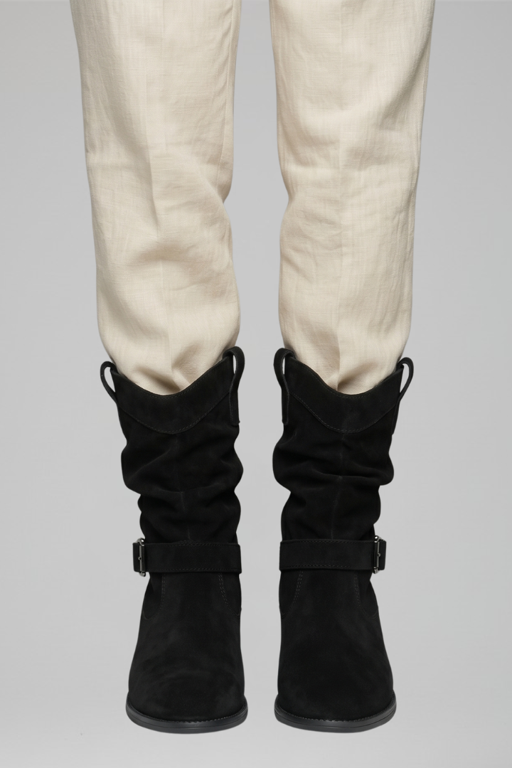 Women's black mid-calf suede boots with side zipper and adjustable strap