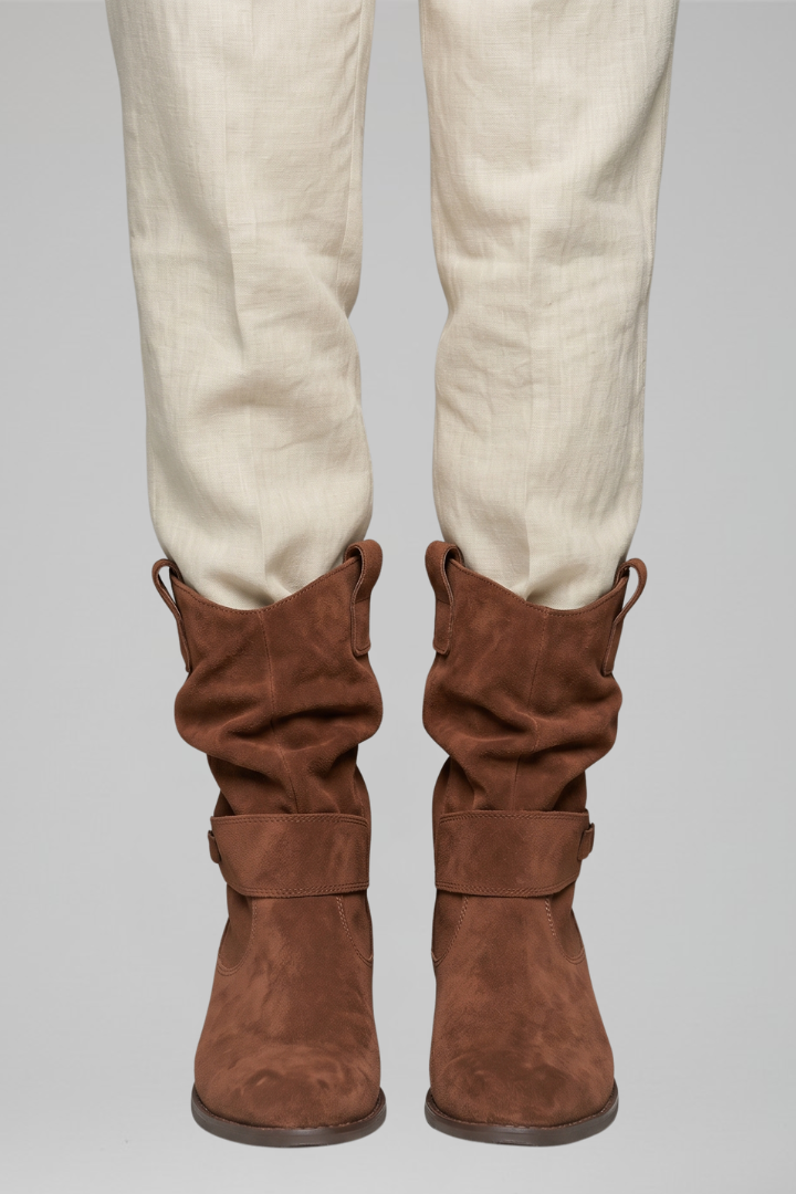 Women's dark brown mid-calf suede boots with side zipper and adjustable strap