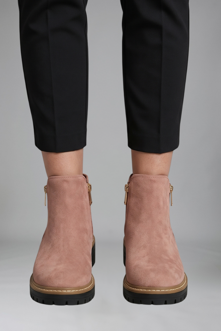 Women's ankle boots, blush pink suede look, side zip, chunky tread outsole