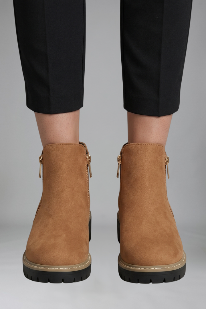 Women's ankle boots, tan suede look, side zip, thick tread sole