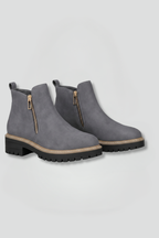 Women's ankle boots, grey suede look, side zip, cushioned tread sole