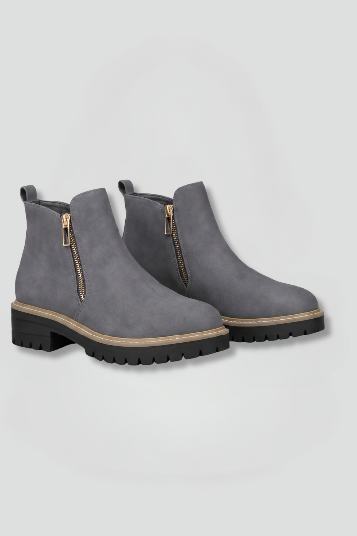 Women's ankle boots, grey suede look, side zip, cushioned tread sole