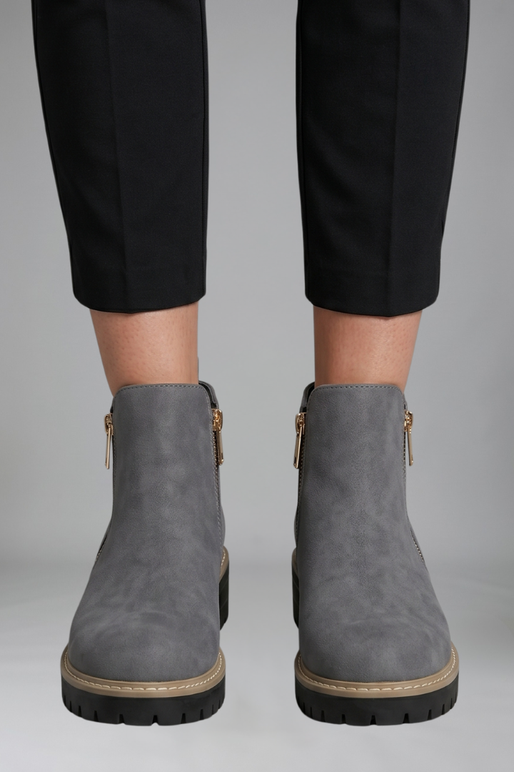 Women's ankle boots, grey suede look, side zipper pulls, durable tread sole