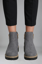 Women's ankle boots, grey suede look, side zipper pulls, durable tread sole