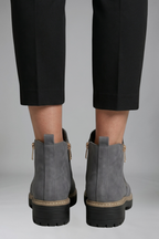 Women's ankle boots, grey suede look, heel view with side zip detail