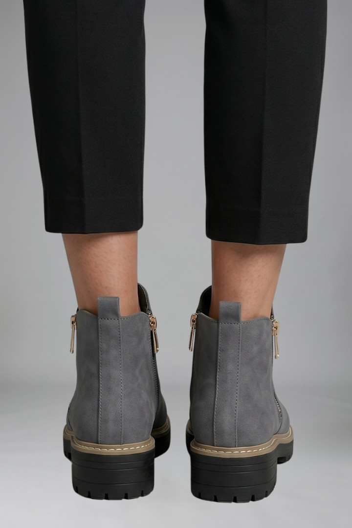 Women's ankle boots, grey suede look, heel view with side zip detail