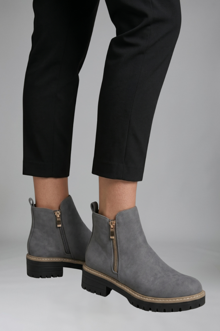 Women's ankle boots, grey suede look, side zip, low heel and tread outsole