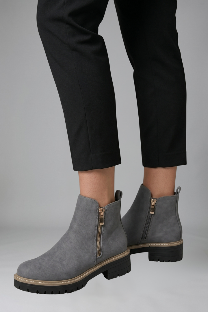 Women's ankle boots, grey suede look, side zip and stacked rubber sole